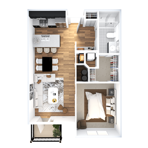 the aerial view of the bedroom floor plan with the living room and dining room